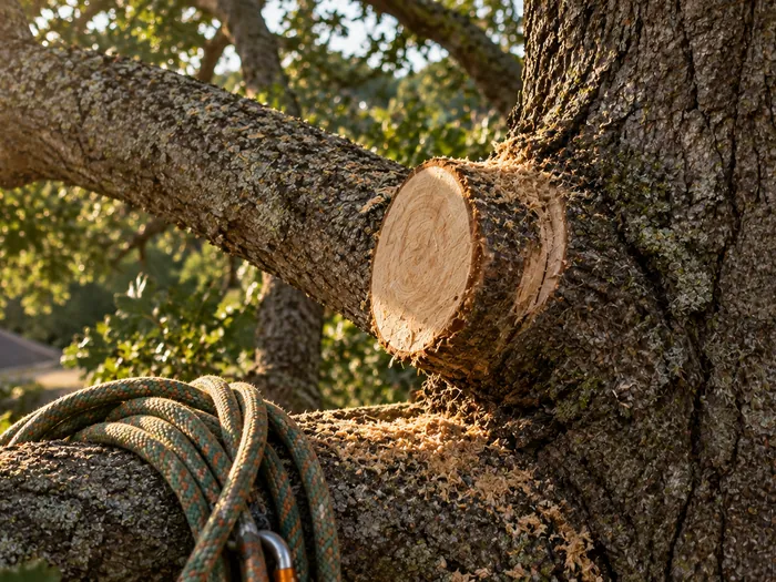 A close daylight detail of a clean chainsaw cut on a large limb with fresh sawdust on the bark, no people