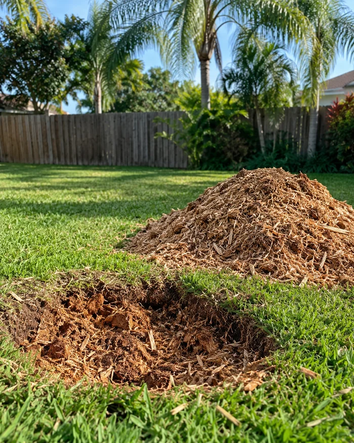 A stump ground below grade with chips piled beside it