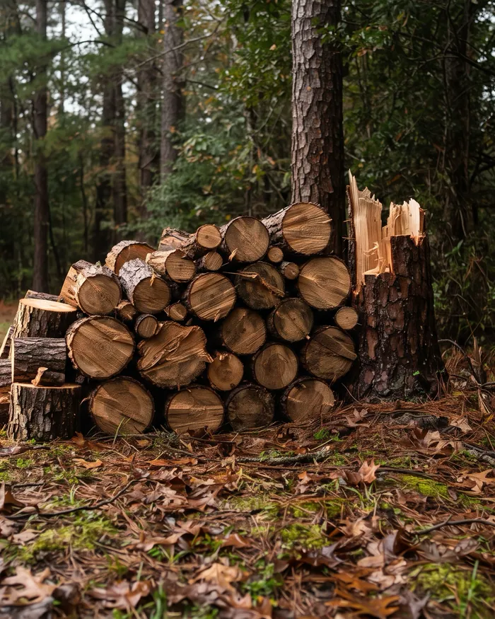 A tall pine taken down in sections beside a driveway